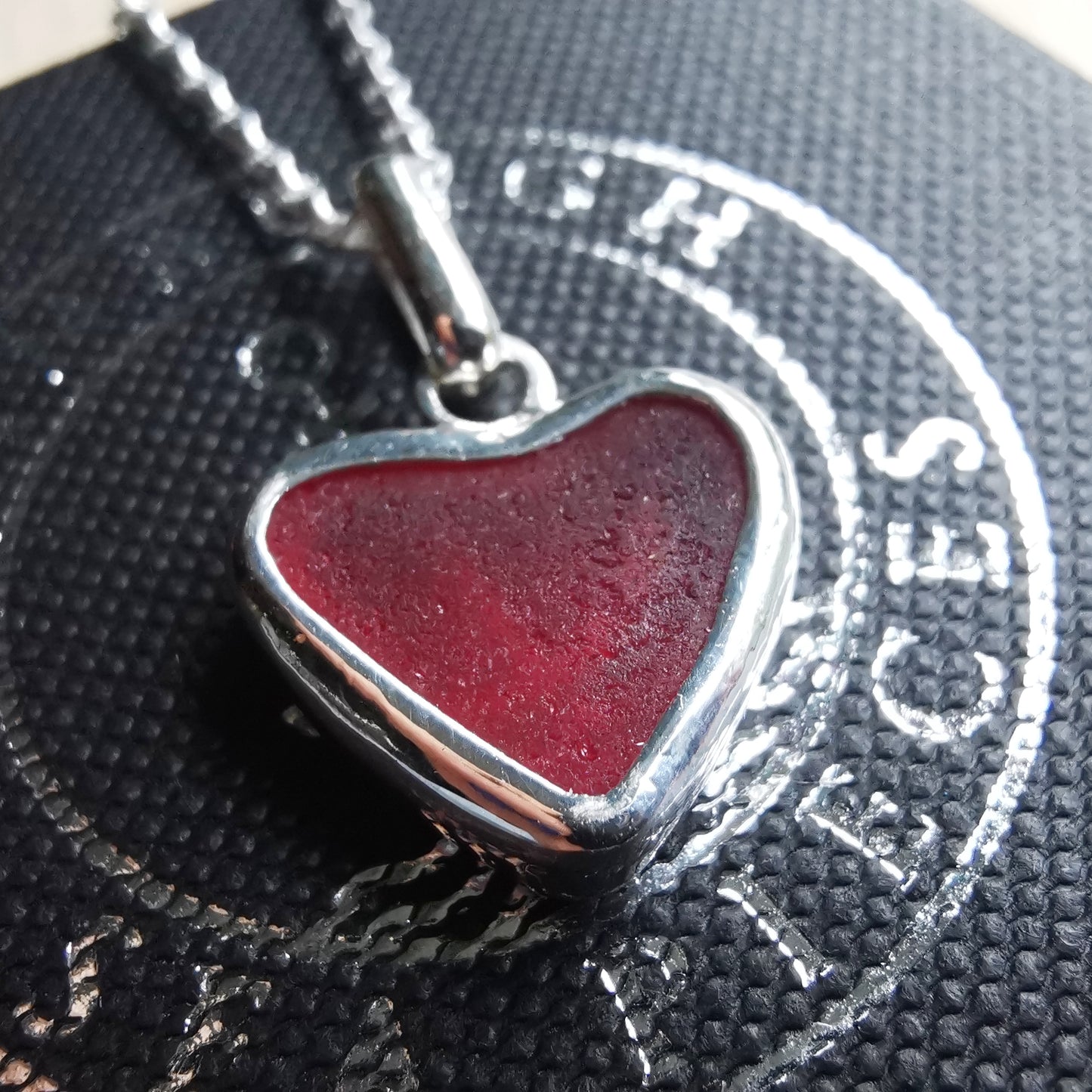 Magenta pink sea glass heart & sterling silver pendant.