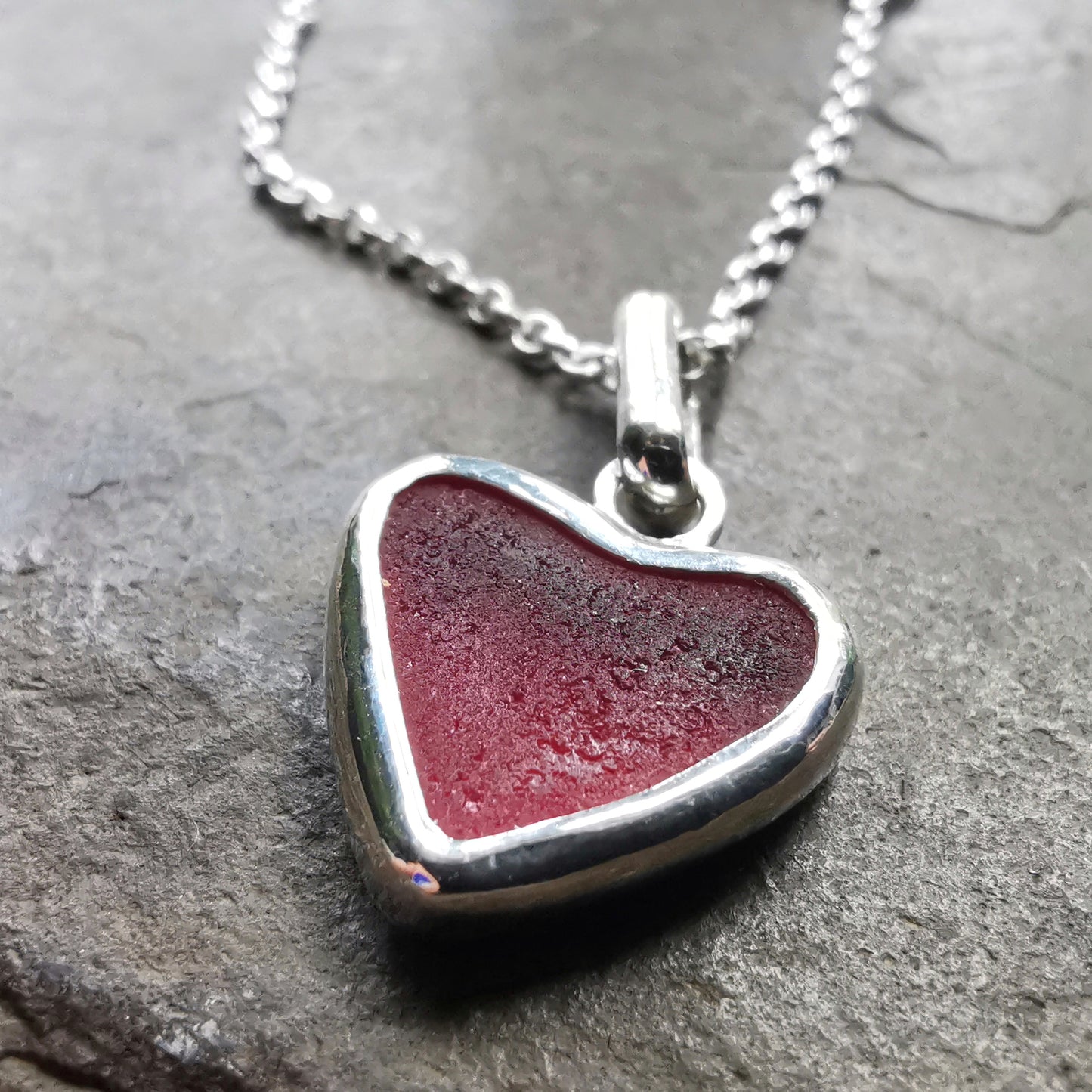 Magenta pink sea glass heart & sterling silver pendant.