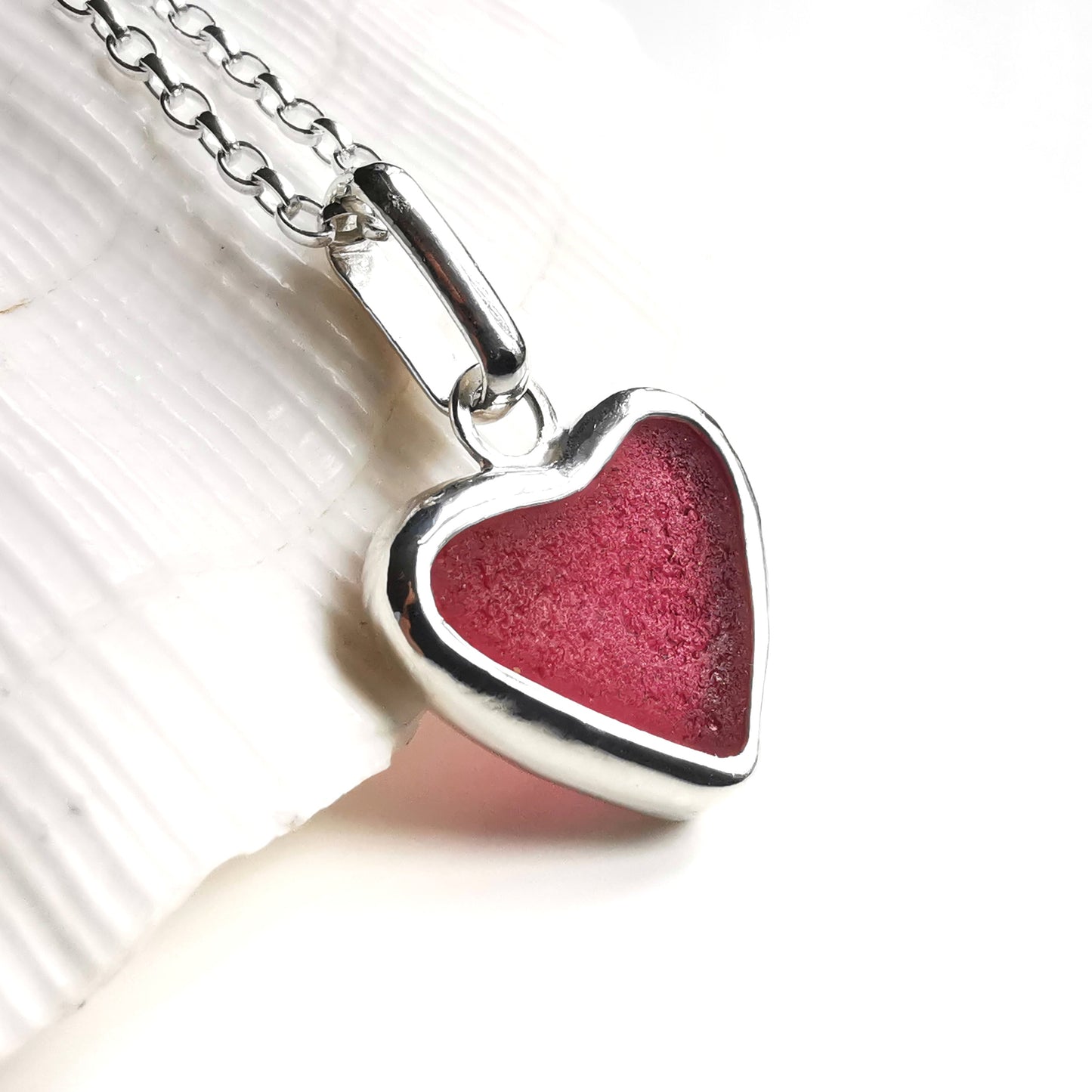 Magenta pink sea glass heart & sterling silver pendant.