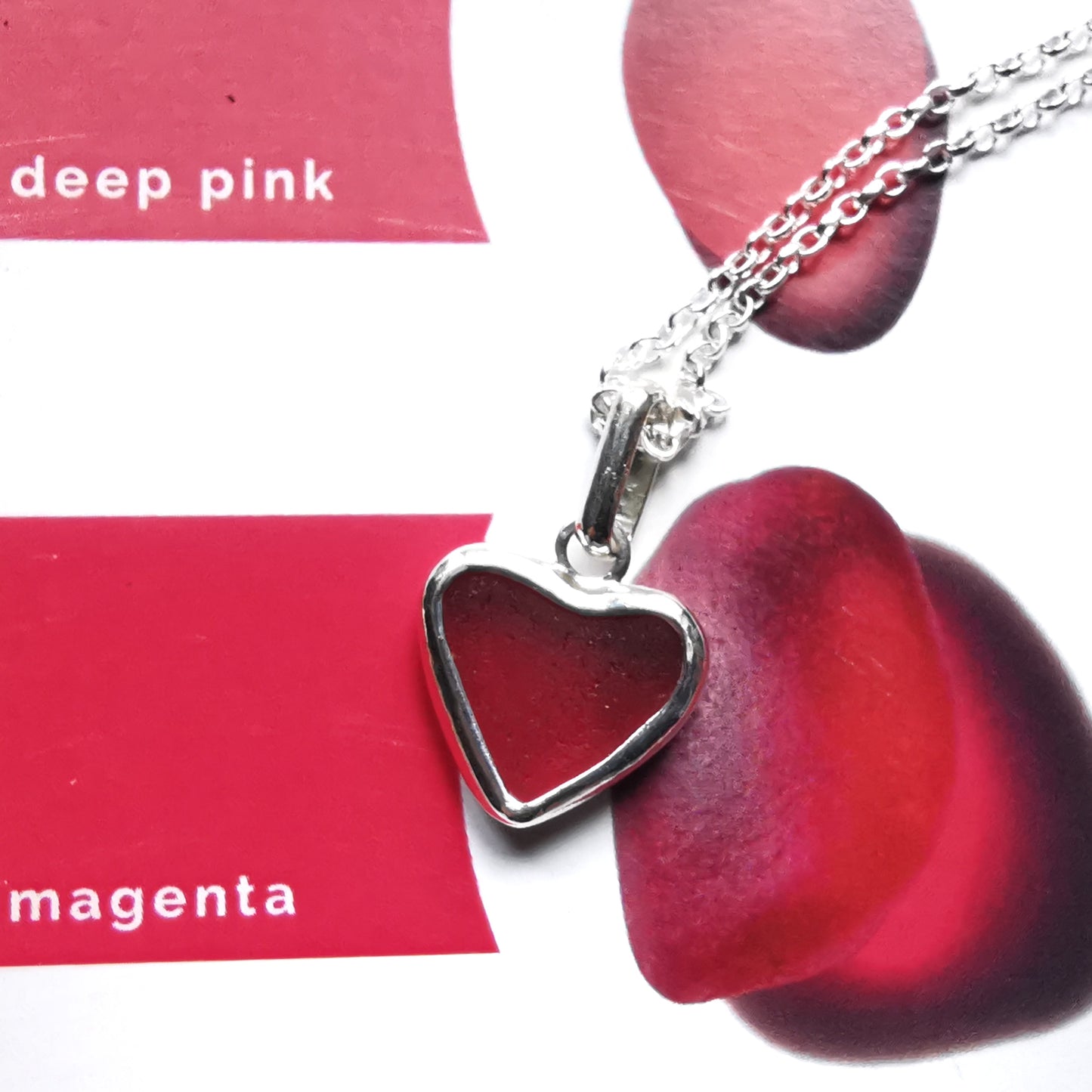 Magenta pink sea glass heart & sterling silver pendant.