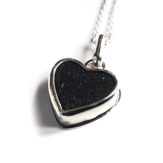 Scottish black sea glass heart & sterling silver pendant.