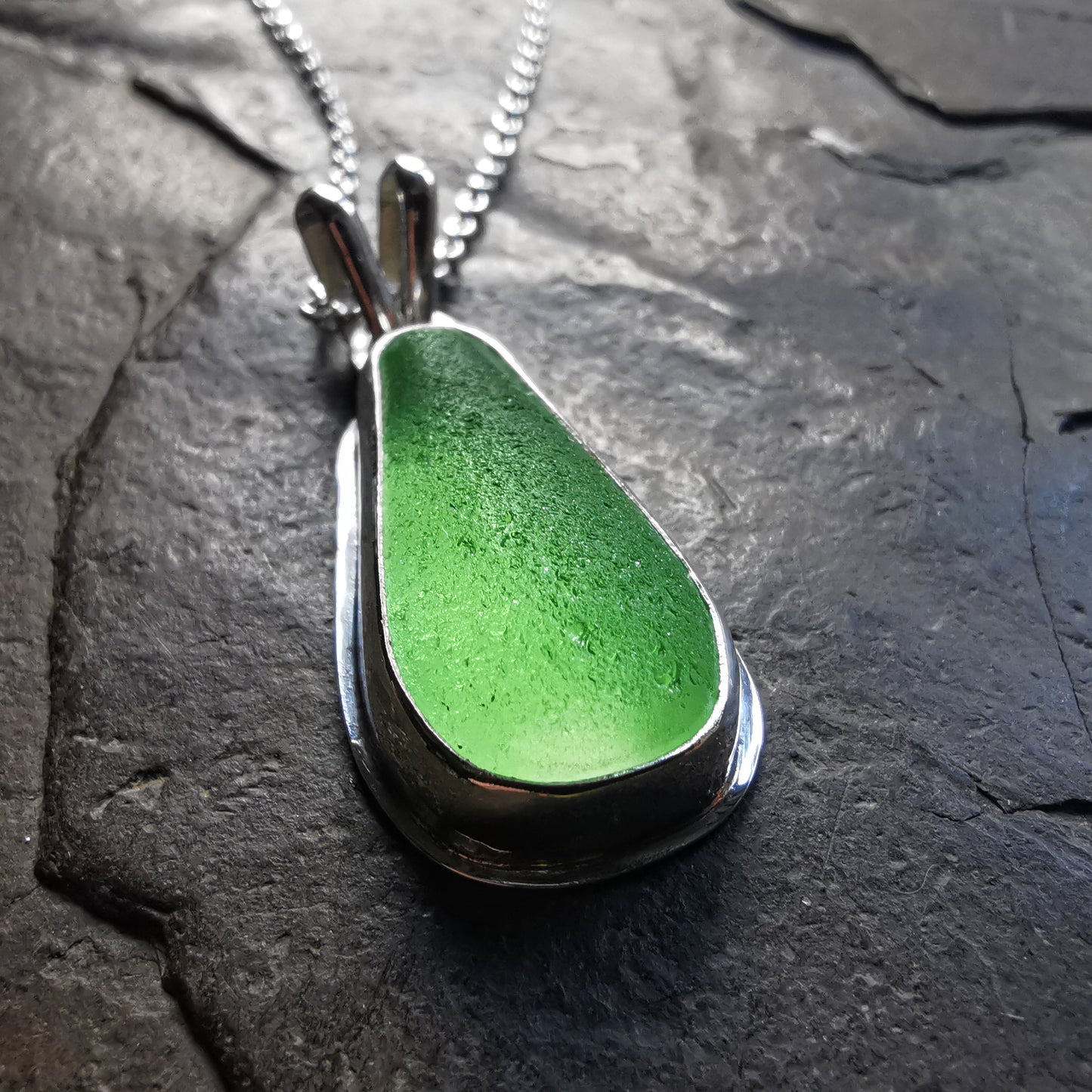 Scottish green sea glass & sterling silver pendant.