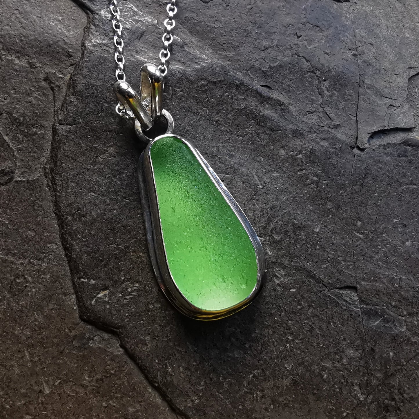 Scottish green sea glass & sterling silver pendant.