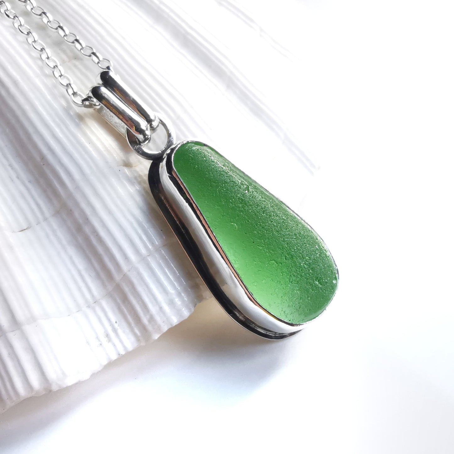 Scottish green sea glass & sterling silver pendant.