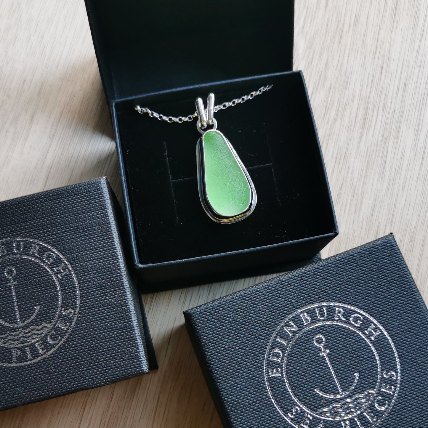 Scottish green sea glass & sterling silver pendant.