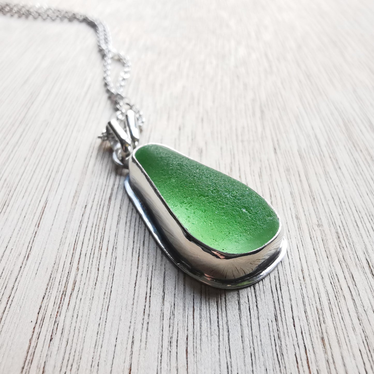 Scottish green sea glass & sterling silver pendant.