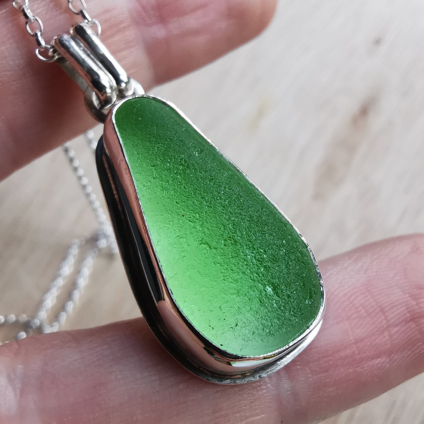 Scottish green sea glass & sterling silver pendant.