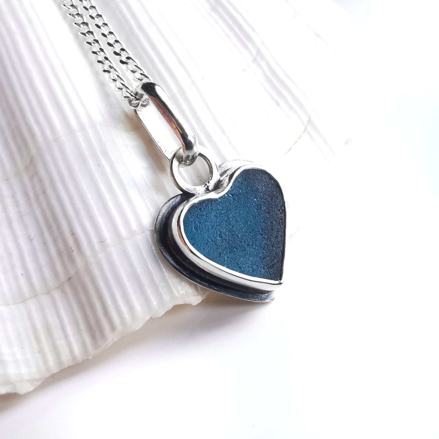 Scottish teal blue sea glass heart & sterling silver pendant.