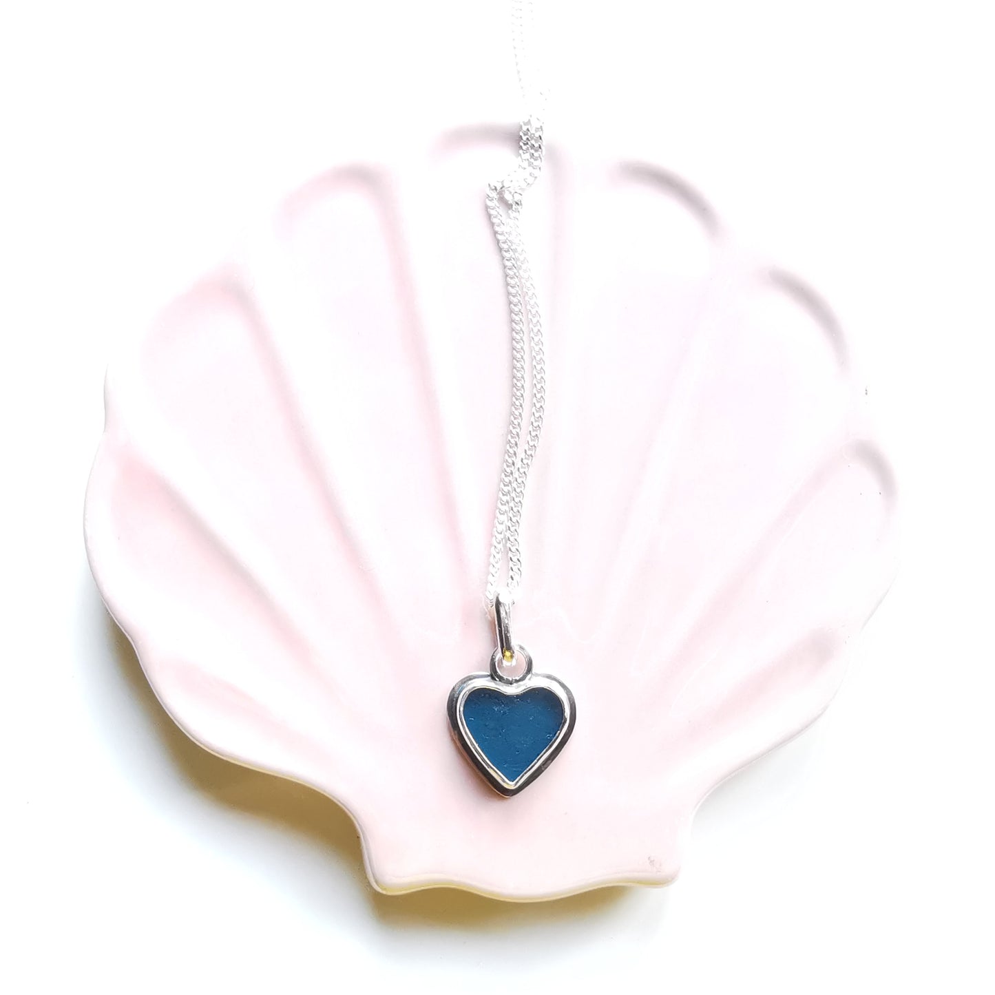 Scottish teal blue sea glass heart & sterling silver pendant.