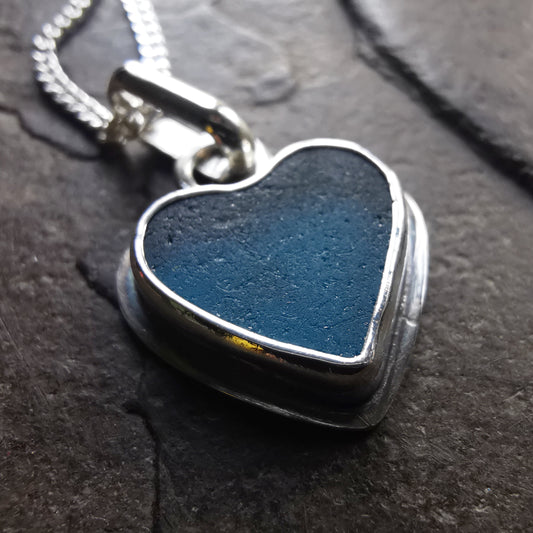 Scottish teal blue sea glass heart & sterling silver pendant.