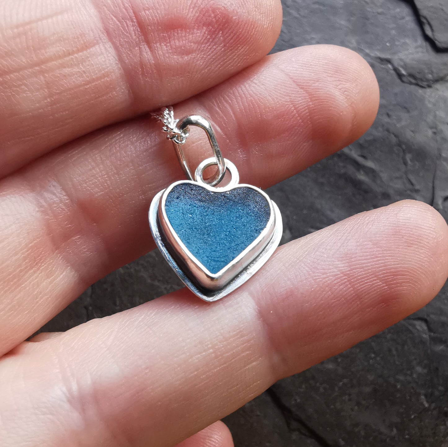 Scottish teal blue sea glass heart & sterling silver pendant.