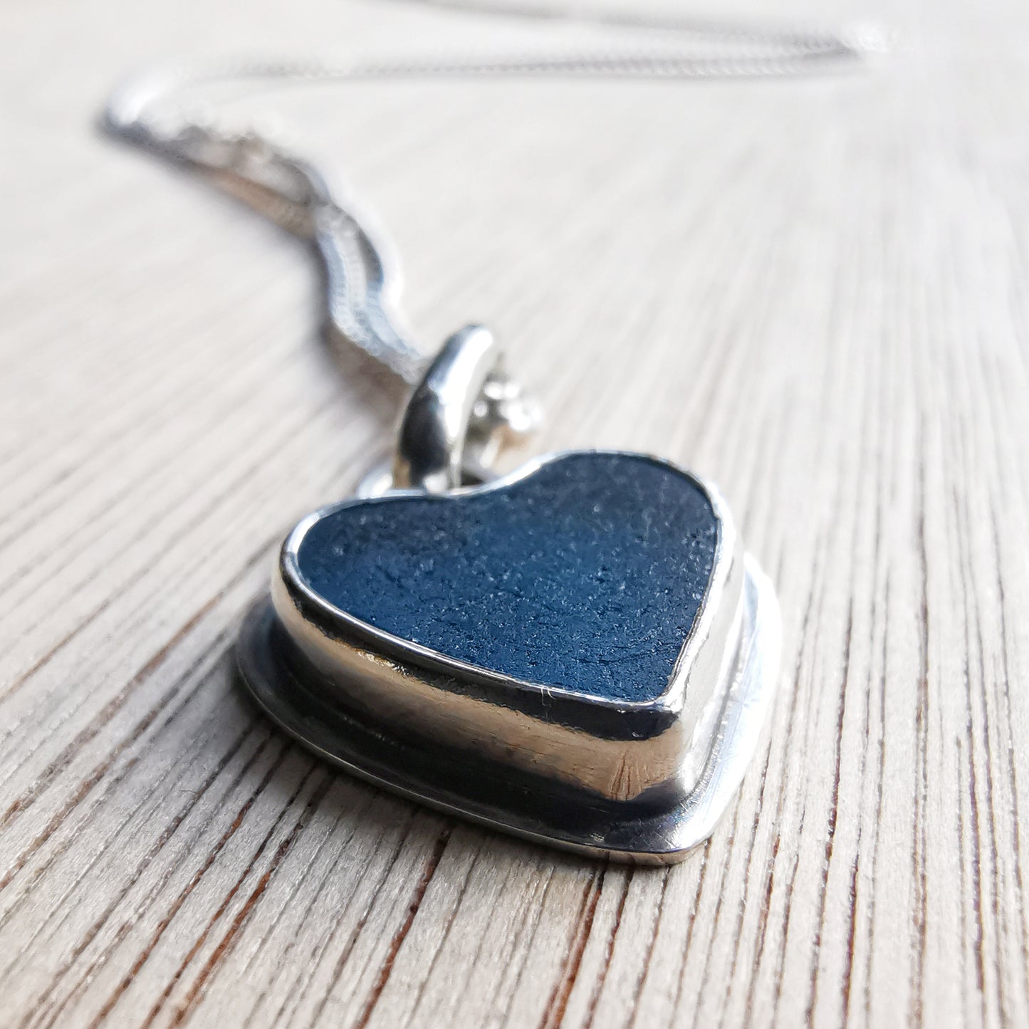 Scottish teal blue sea glass heart & sterling silver pendant.