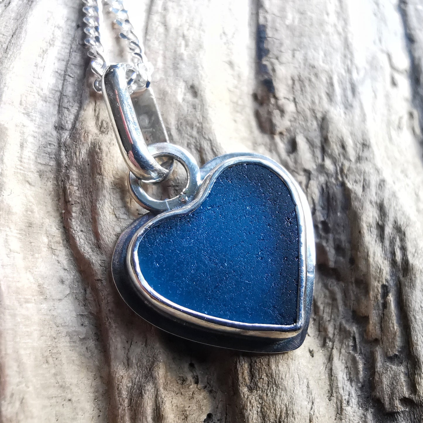 Scottish teal blue sea glass heart & sterling silver pendant.