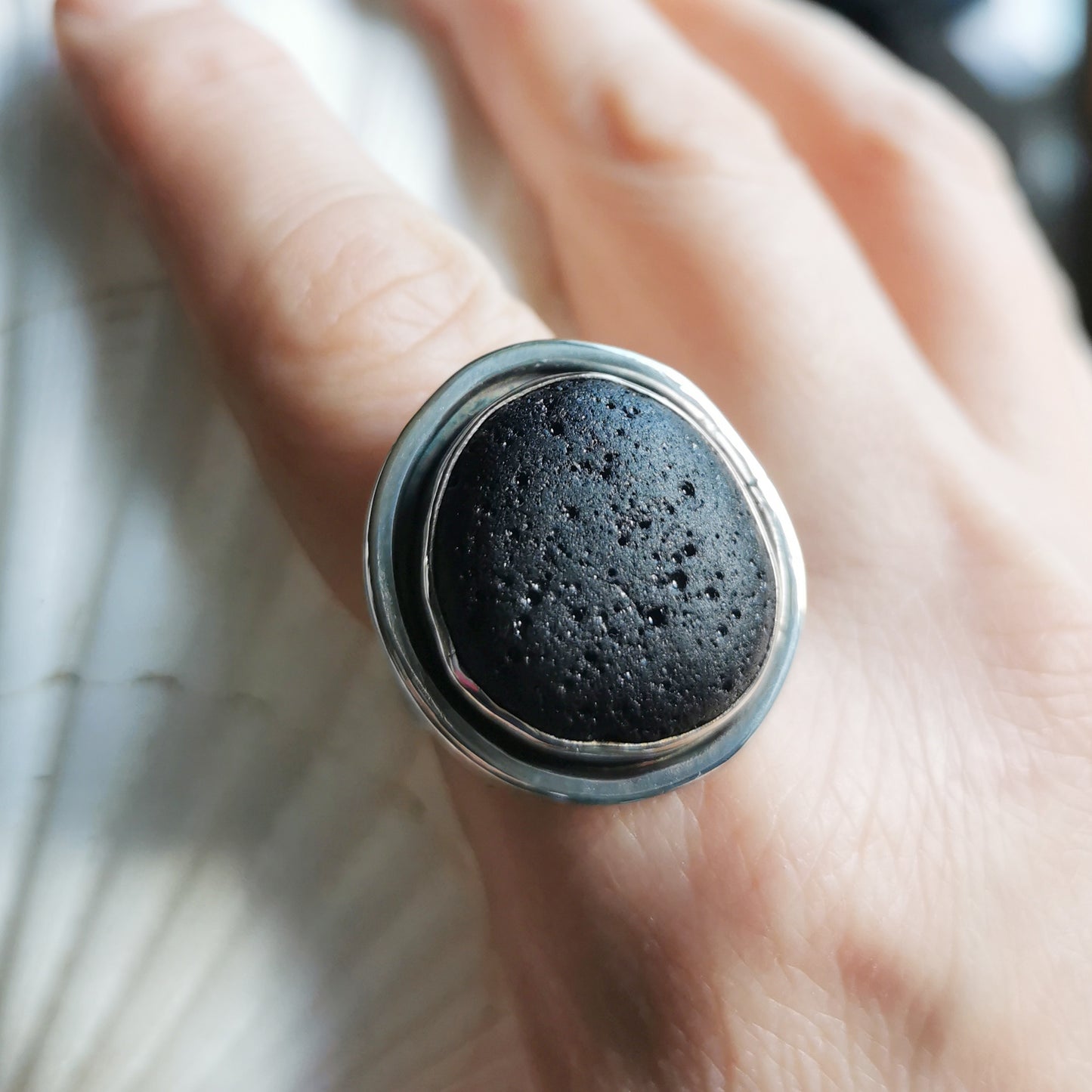 Black sea stone & sterling silver ring.