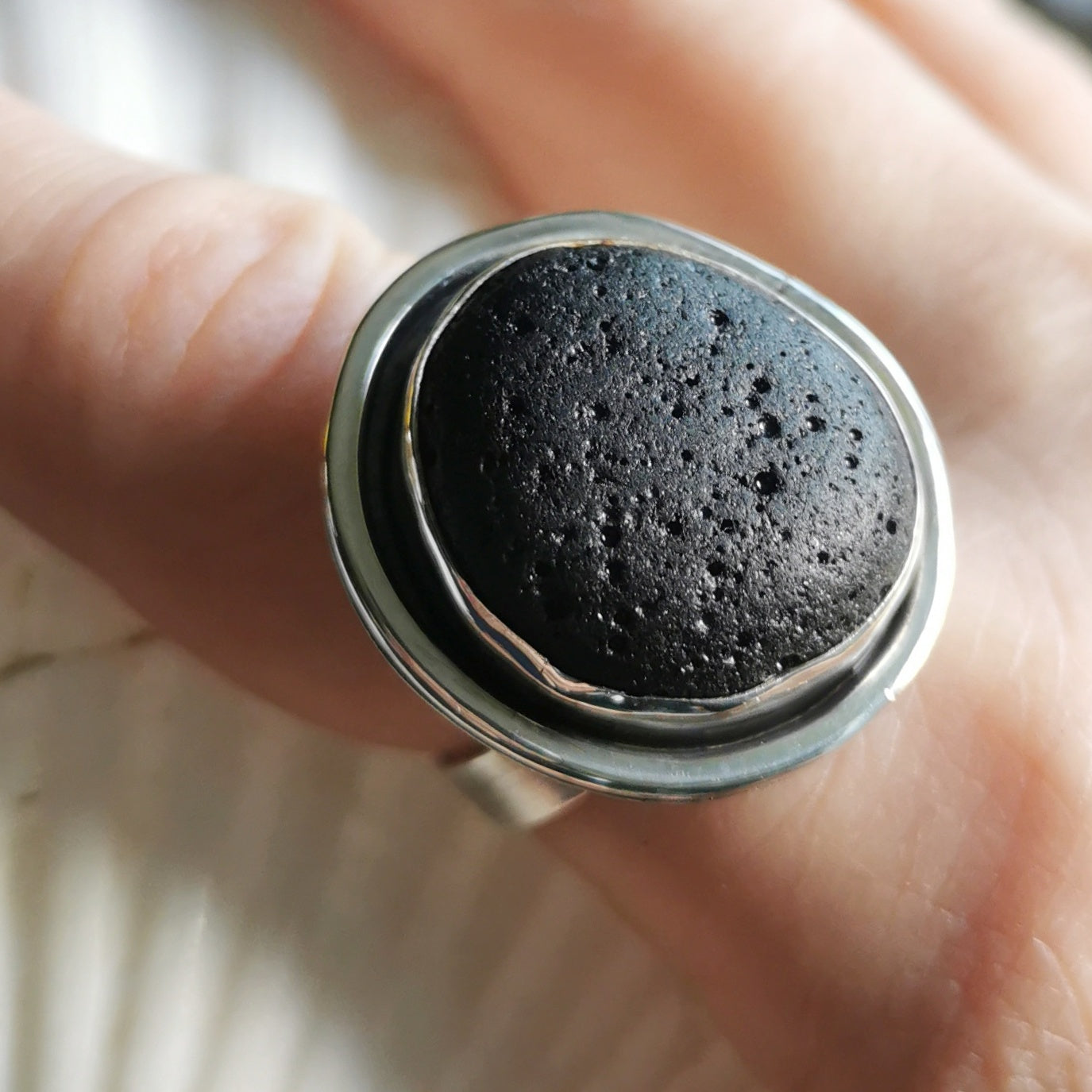 Black sea stone & sterling silver ring.