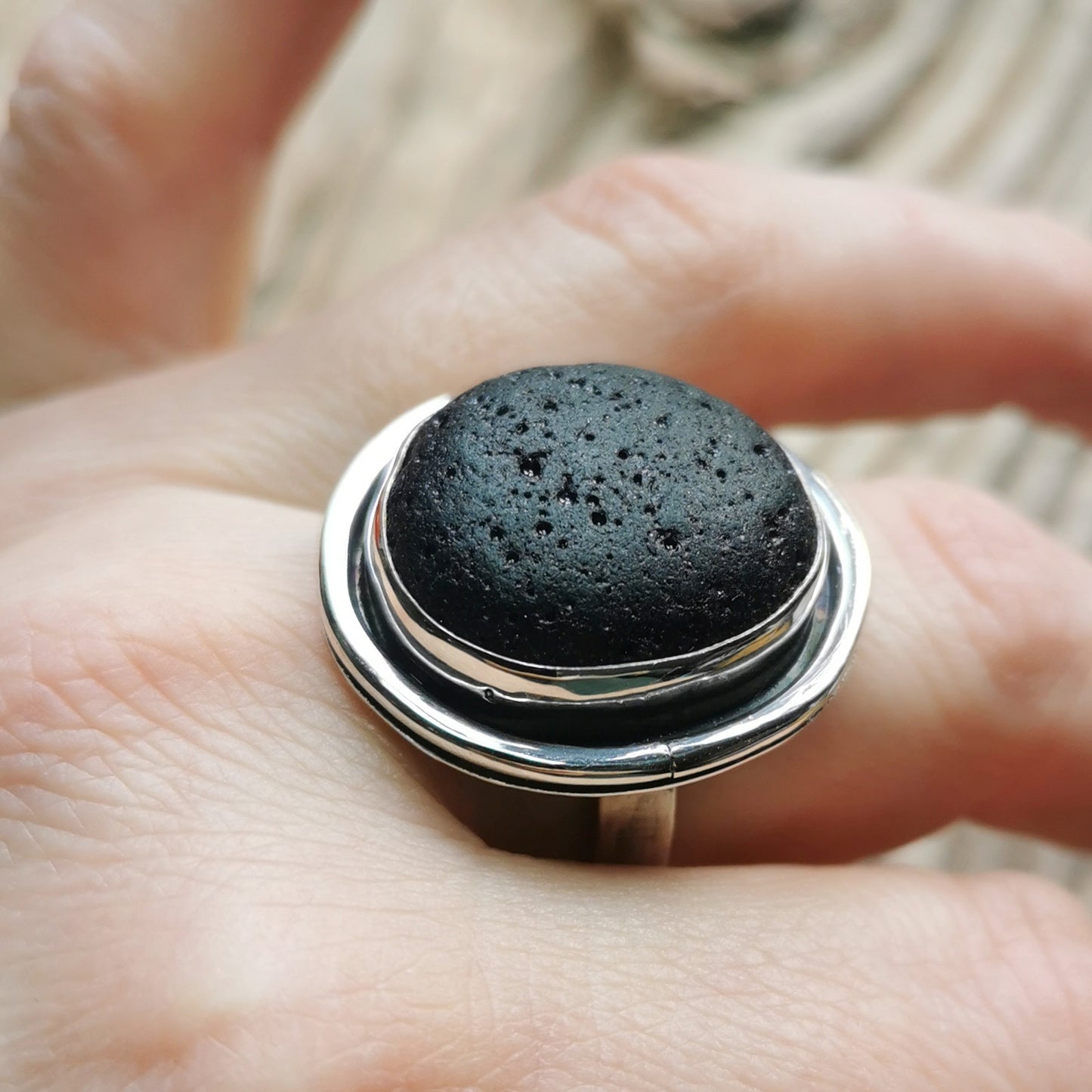 Black sea stone & sterling silver ring.