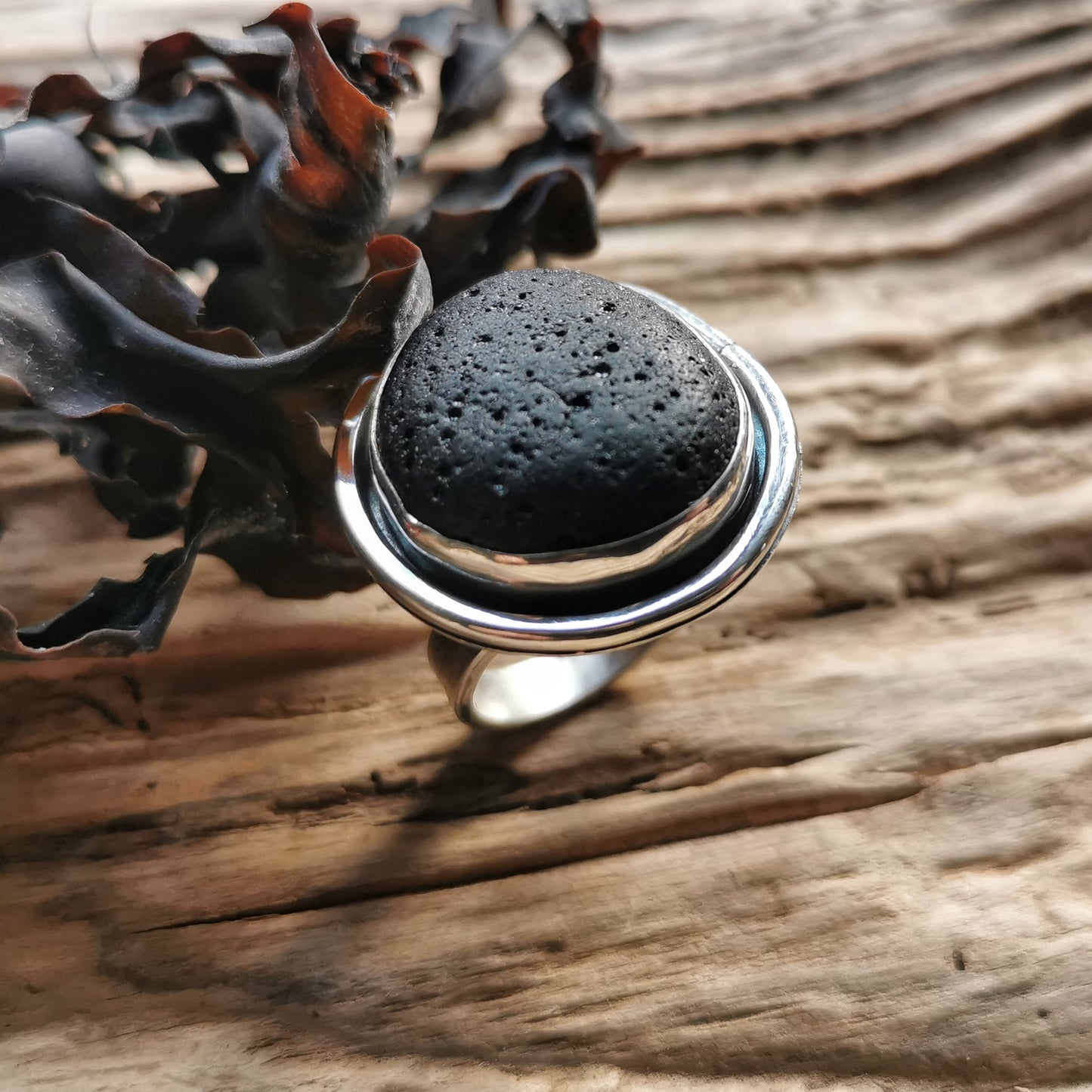 Black sea stone & sterling silver ring.