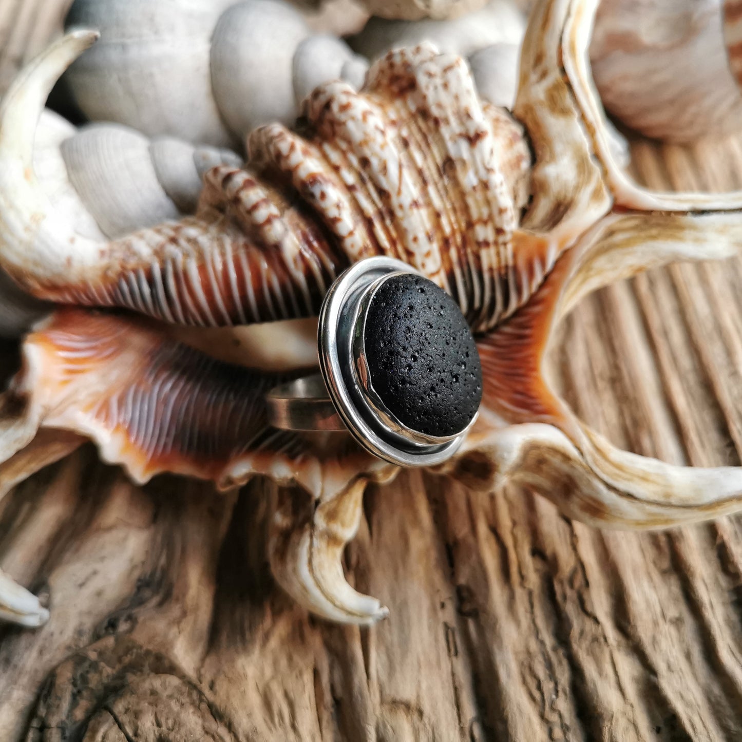 Black sea stone & sterling silver ring.