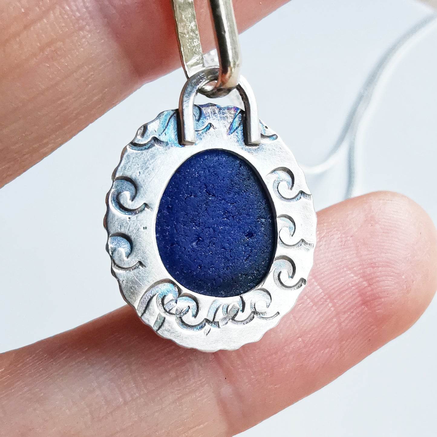 Cobalt blue sea glass & sterling silver pendant.