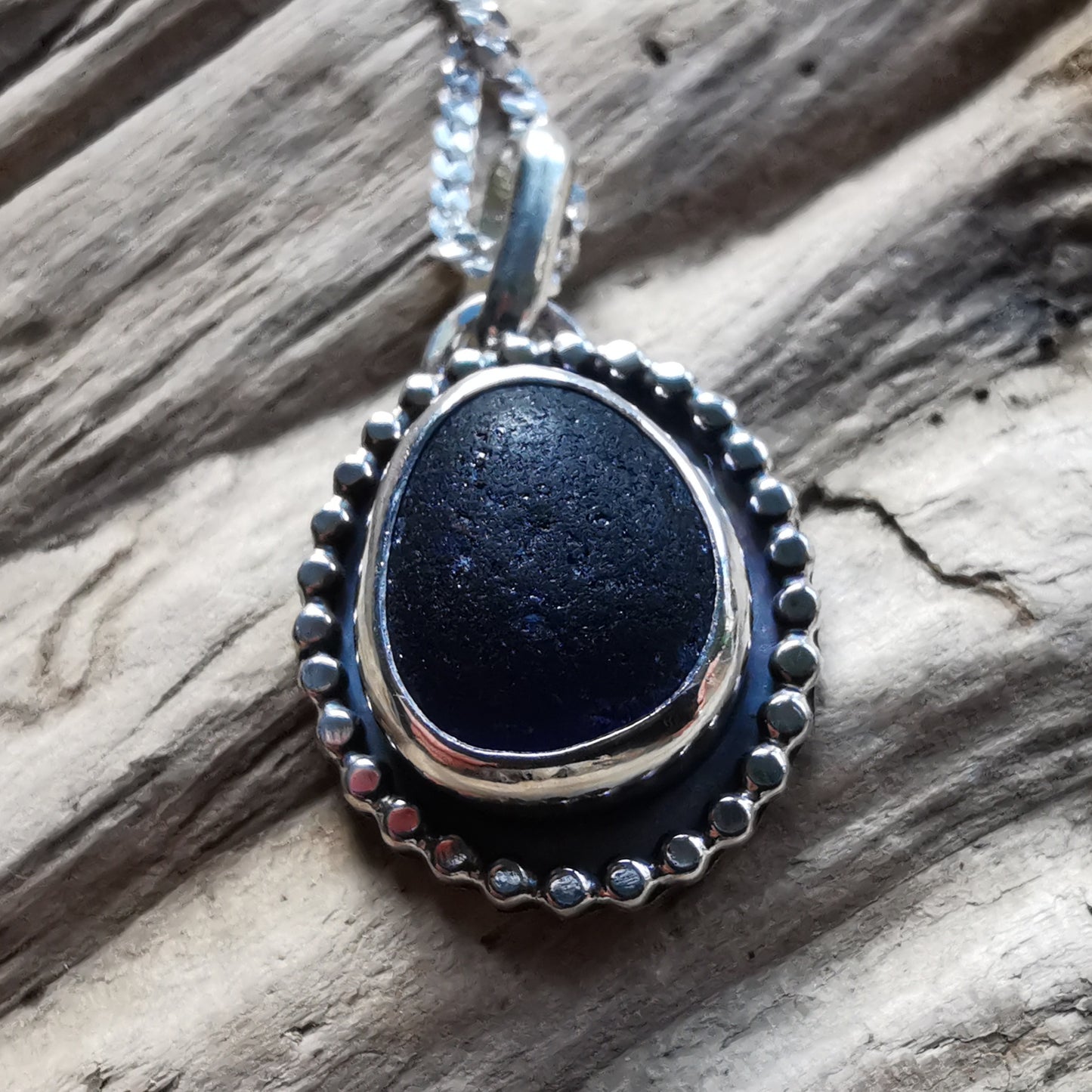 Cobalt blue sea glass & sterling silver pendant.