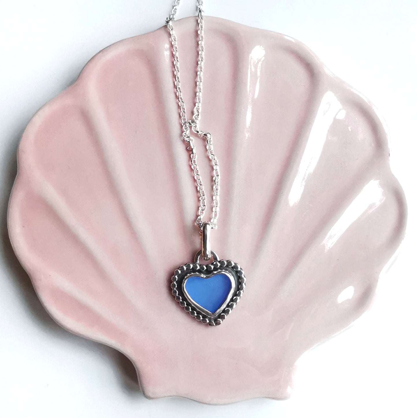 Scottish cornflower blue sea glass heart & sterling silver pendant.