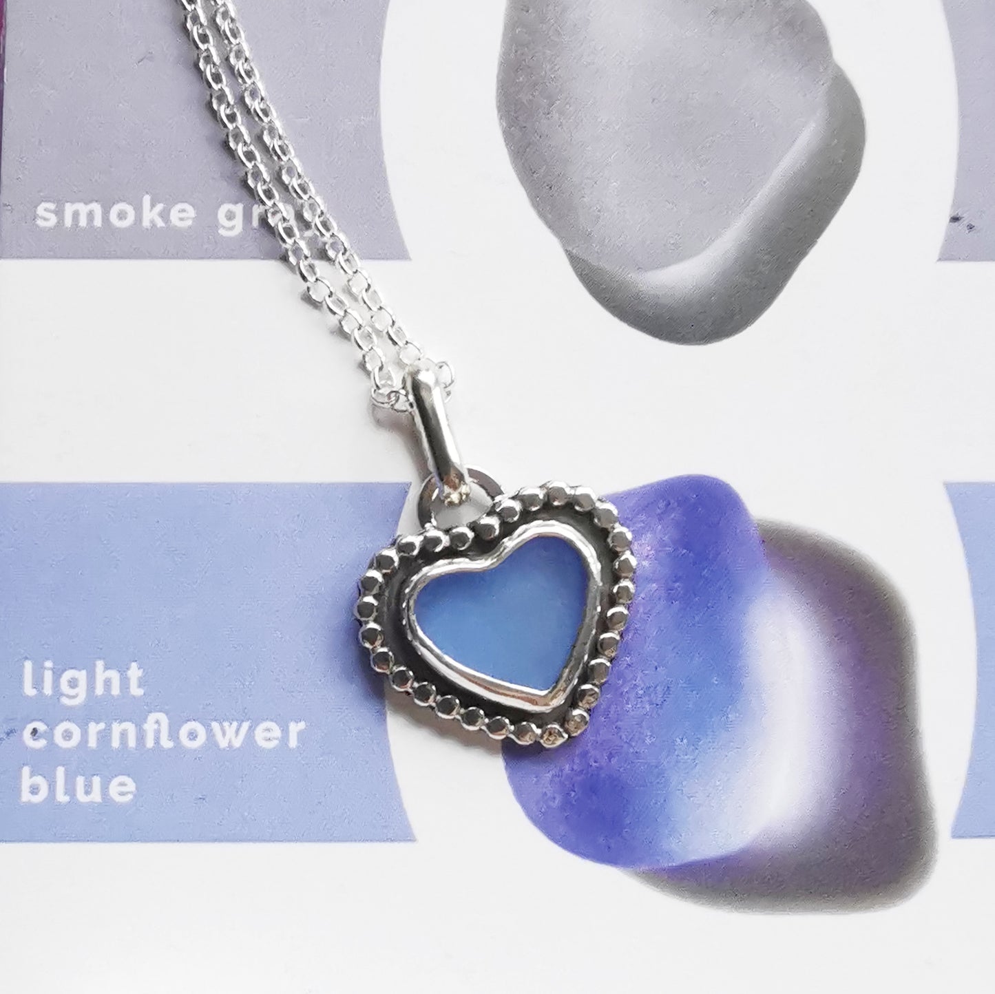 Scottish cornflower blue sea glass heart & sterling silver pendant.