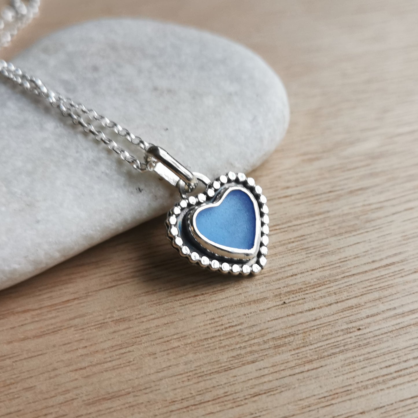 Scottish cornflower blue sea glass heart & sterling silver pendant.