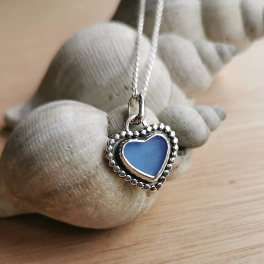 Scottish cornflower blue sea glass heart & sterling silver pendant.