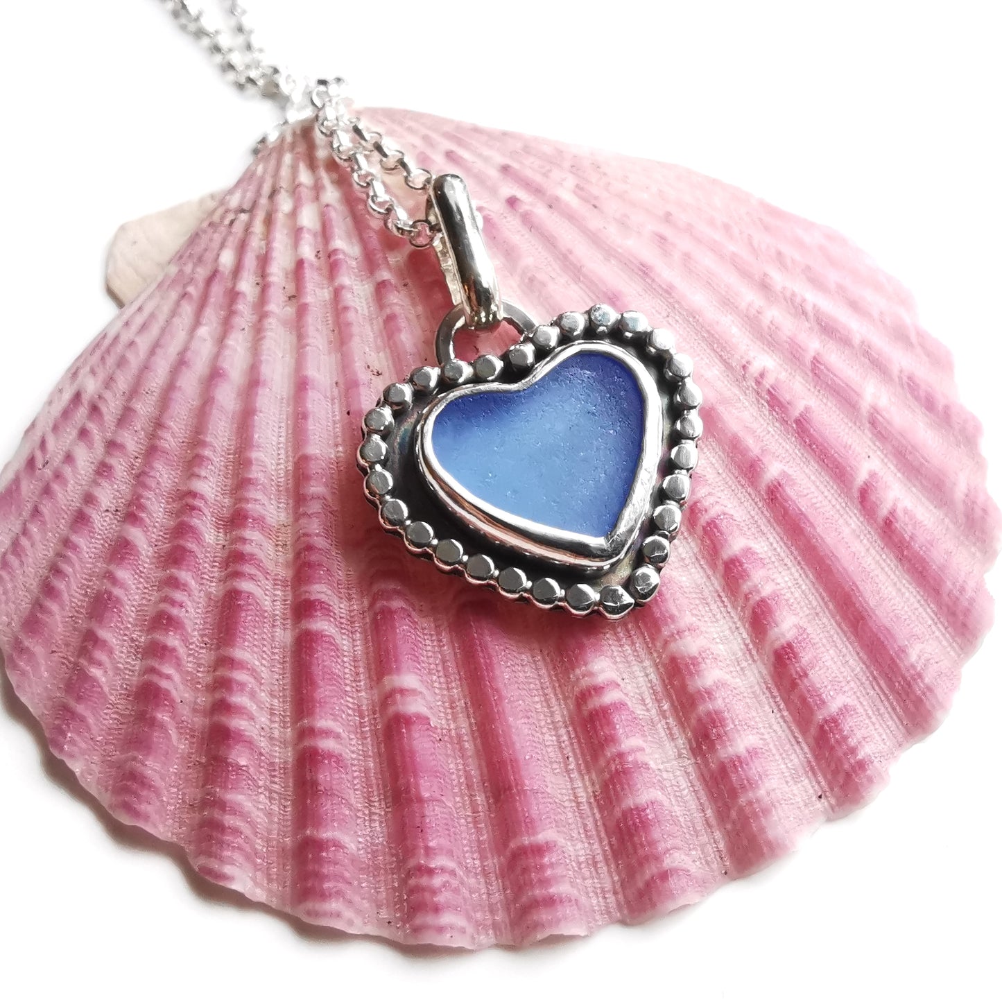 Scottish cornflower blue sea glass heart & sterling silver pendant.