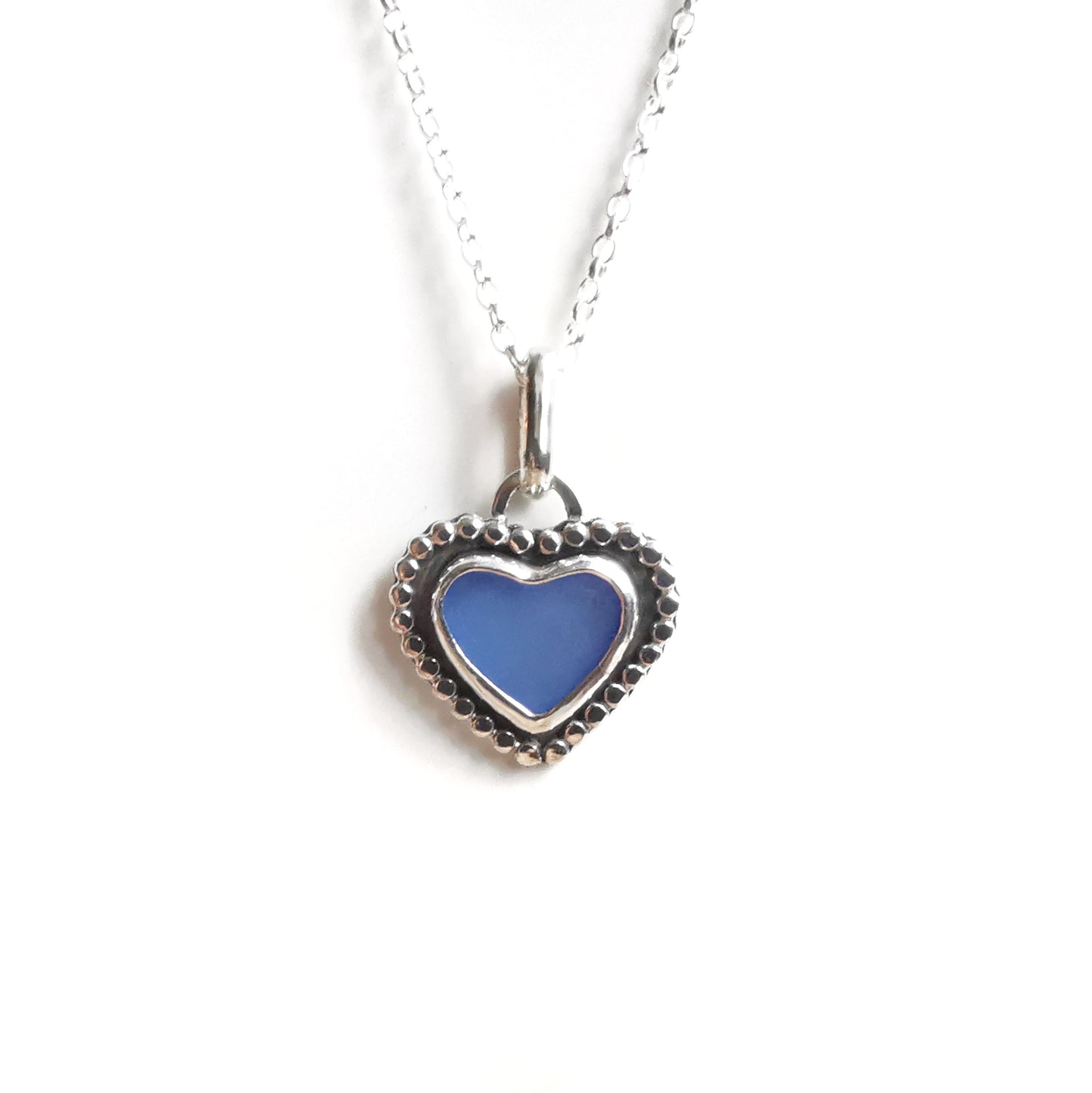 Scottish cornflower blue sea glass heart & sterling silver pendant.