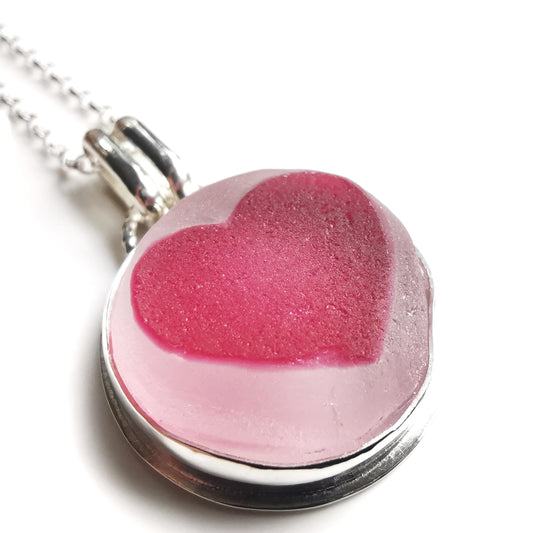 Scottish pink sea glass heart & sterling silver pendant.