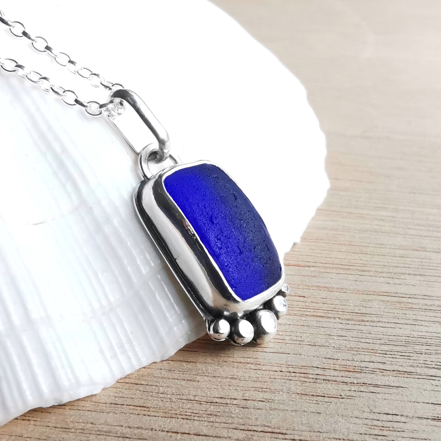 Cobalt blue 'vitamin sea' sea glass & sterling silver pendant.