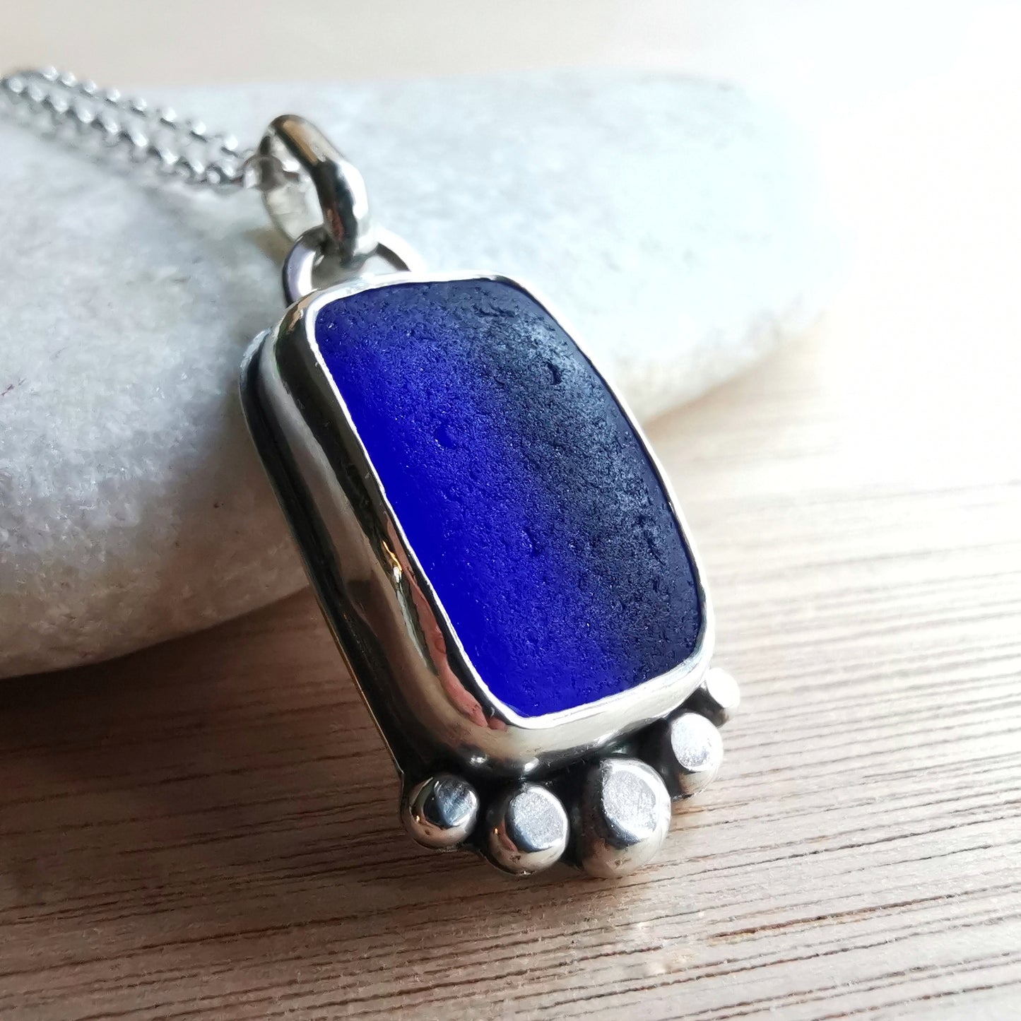 Cobalt blue 'vitamin sea' sea glass & sterling silver pendant.