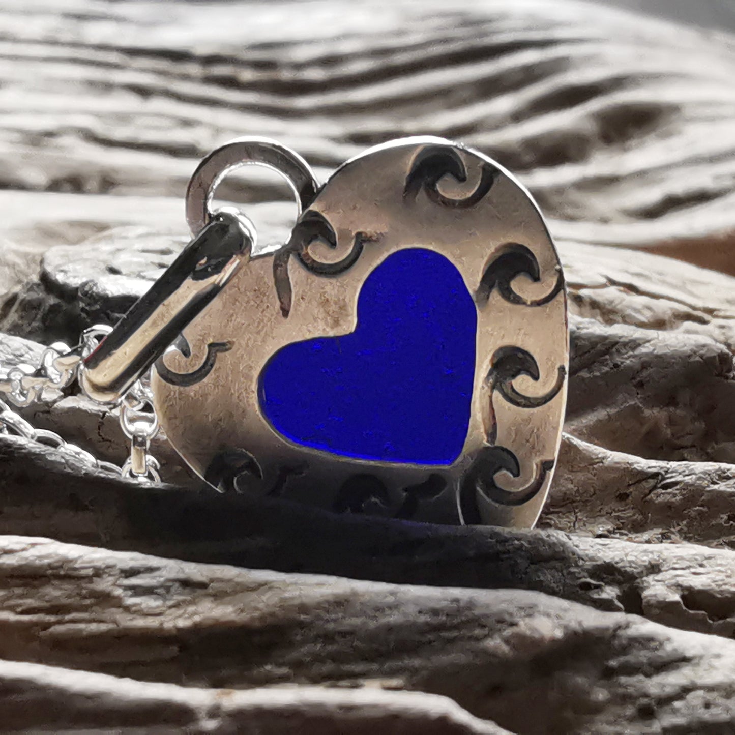 Scottish cobalt blue sea glass heart & sterling silver pendant.