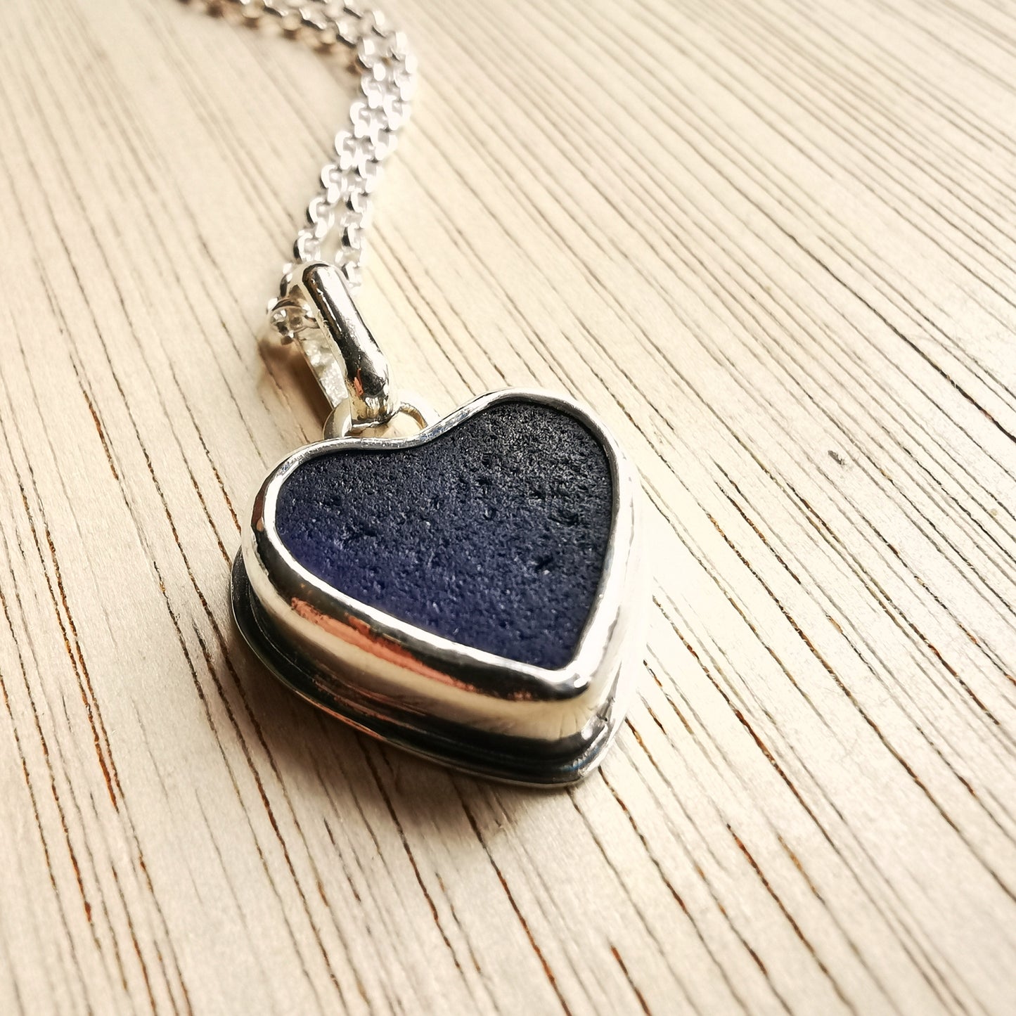 Scottish cobalt blue sea glass heart & sterling silver pendant.