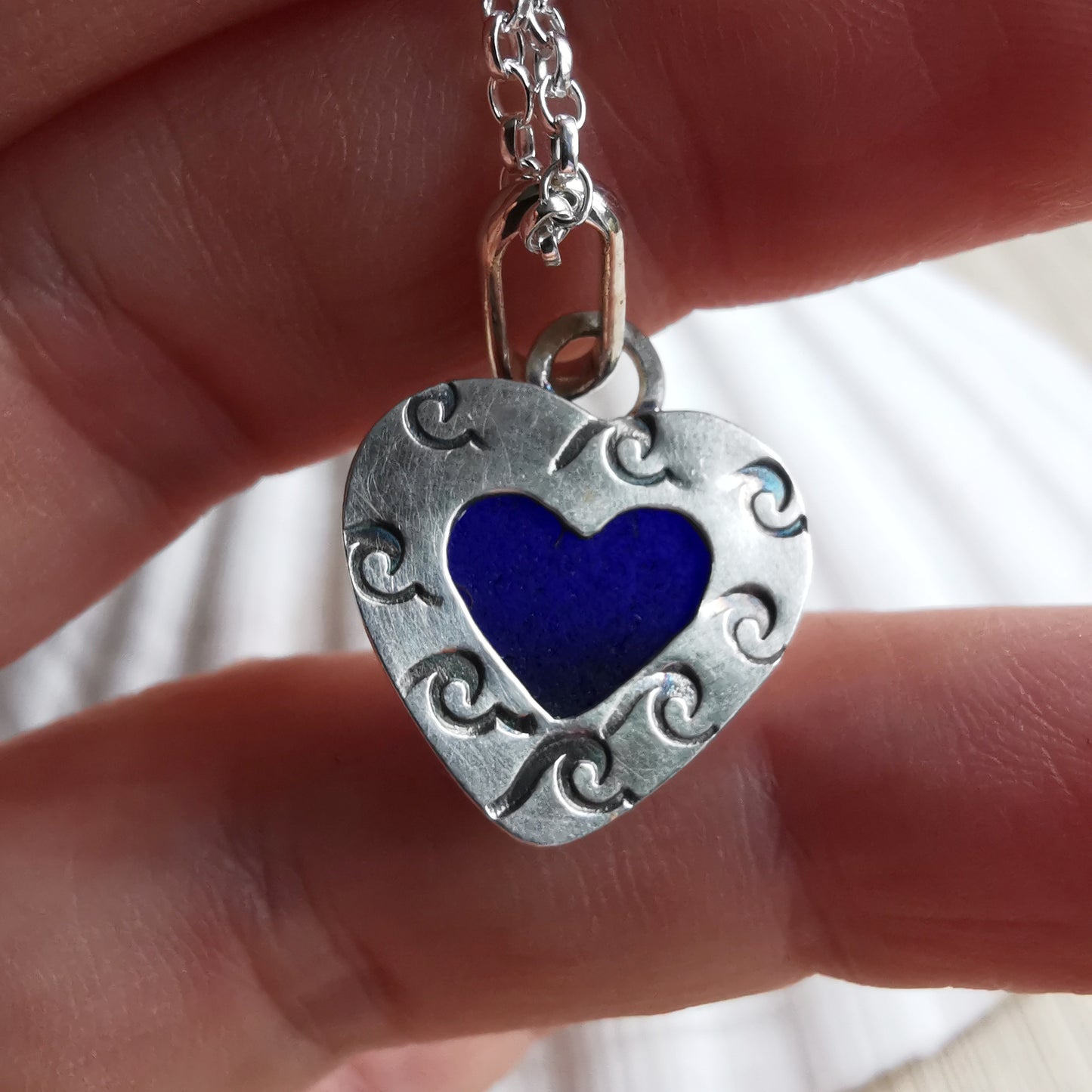 Scottish cobalt blue sea glass heart & sterling silver pendant.