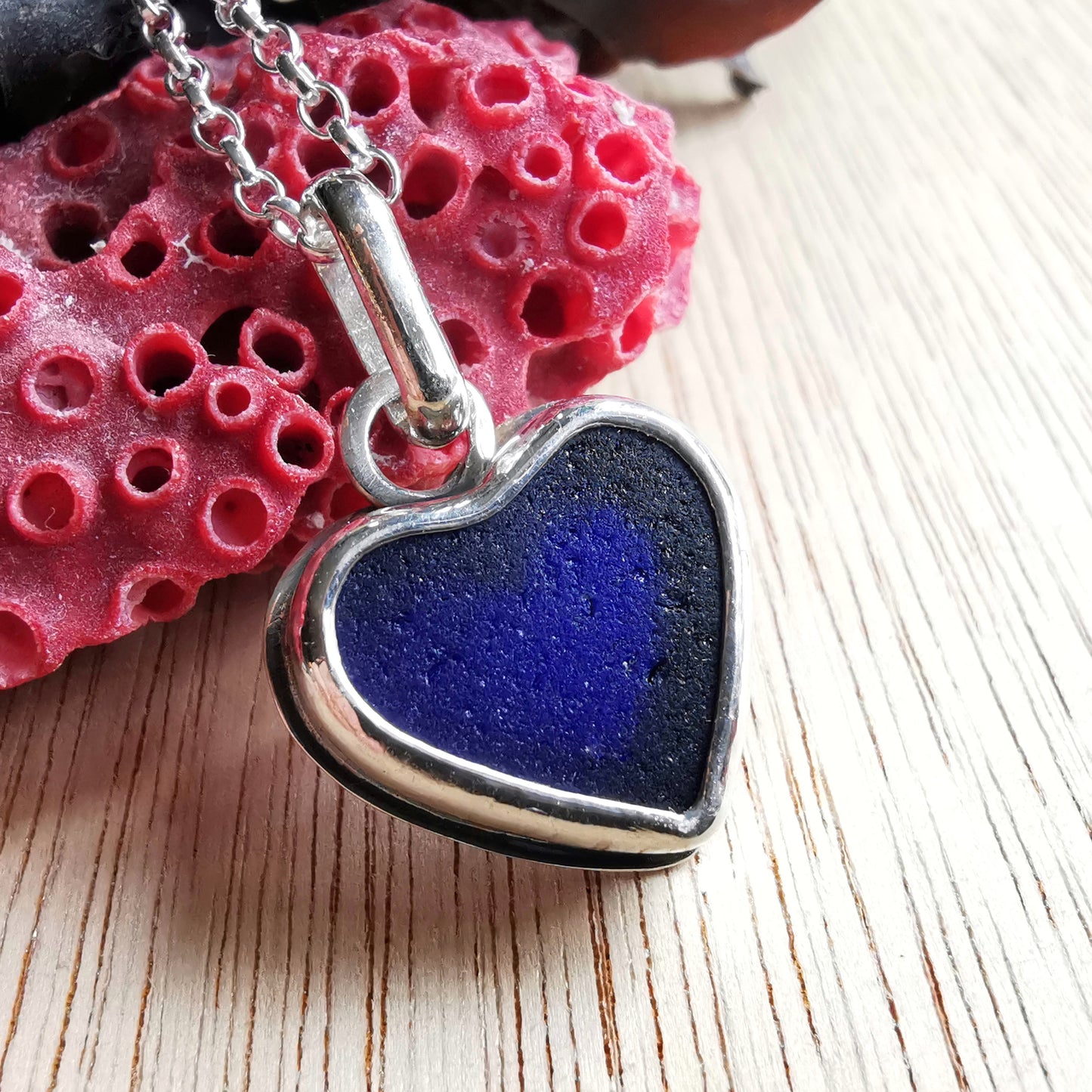 Scottish cobalt blue sea glass heart & sterling silver pendant.