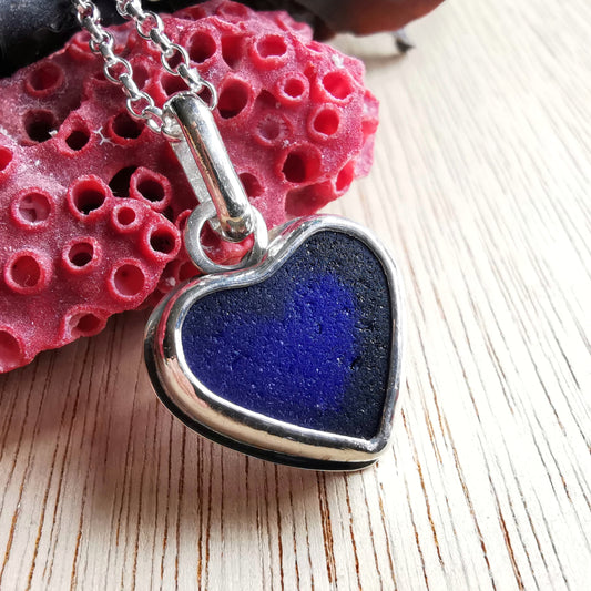 Scottish cobalt blue sea glass heart & sterling silver pendant.