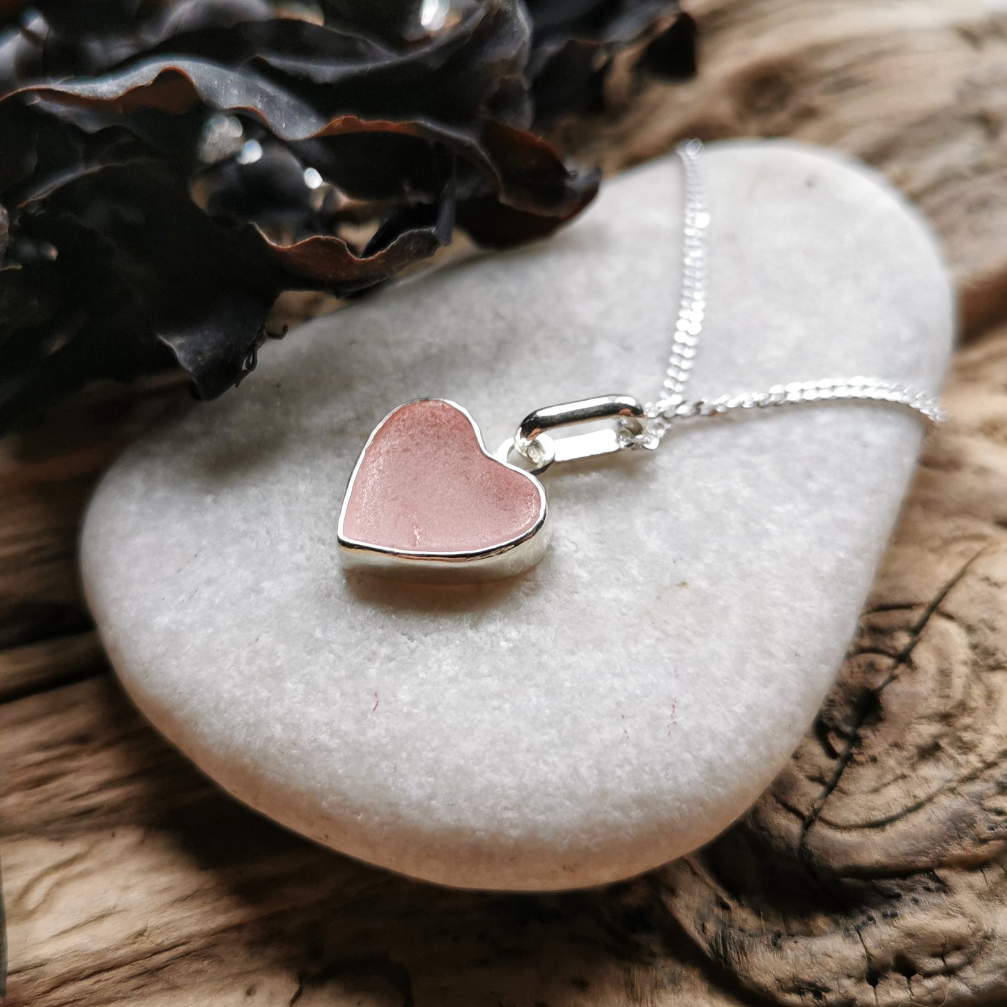 Scottish soft pink sea glass heart & sterling silver pendant.