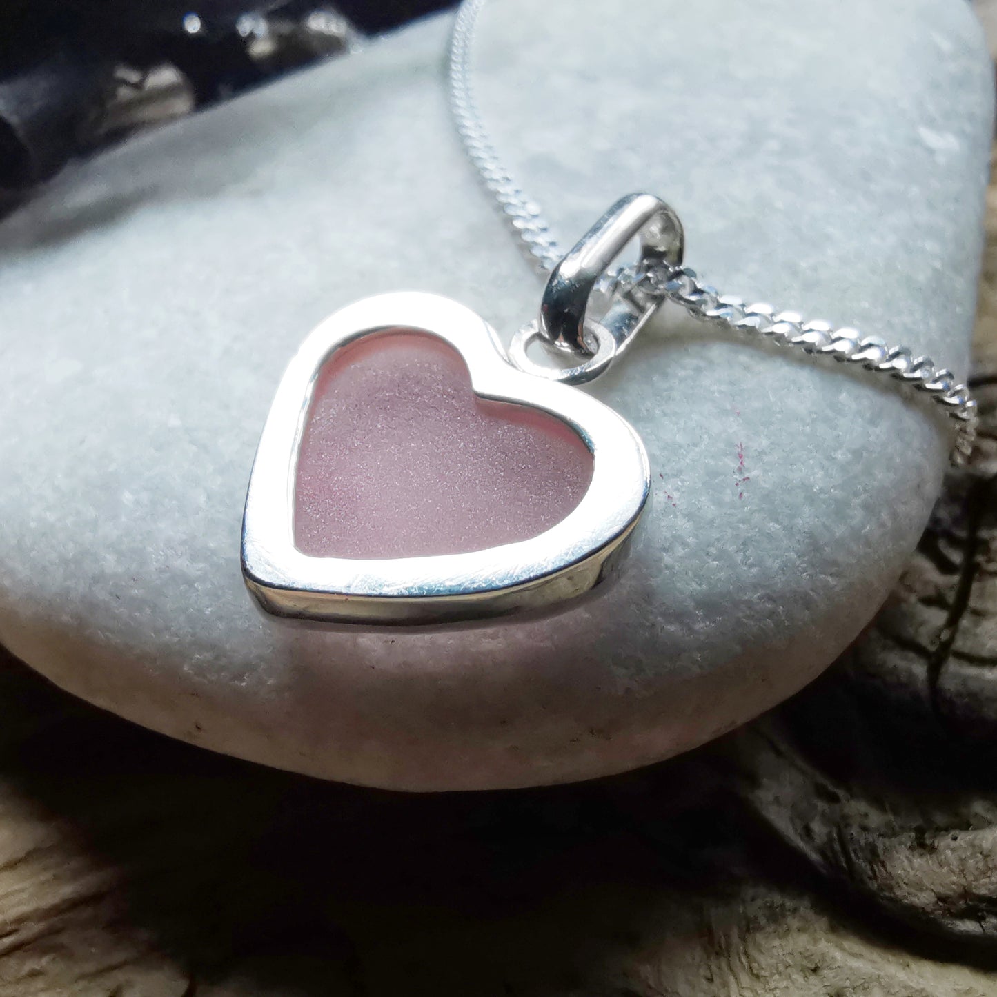 Scottish soft pink sea glass heart & sterling silver pendant.