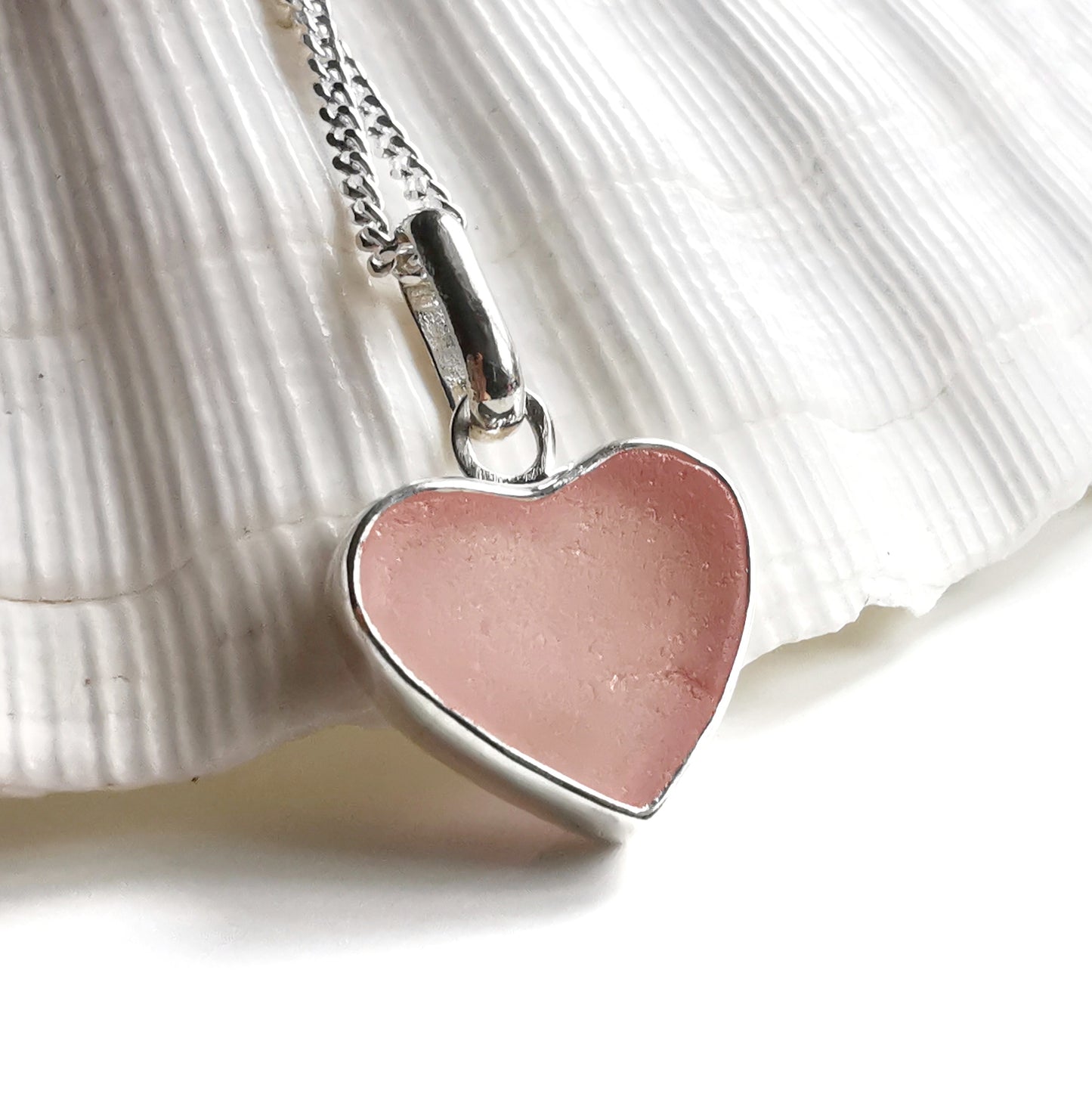 Scottish soft pink sea glass heart & sterling silver pendant.