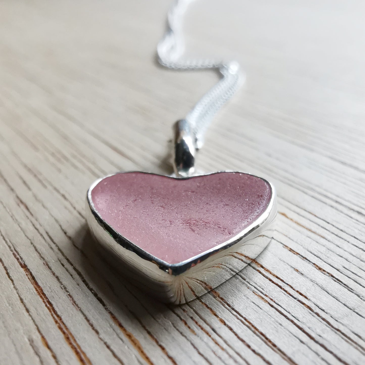 Scottish soft pink sea glass heart & sterling silver pendant.