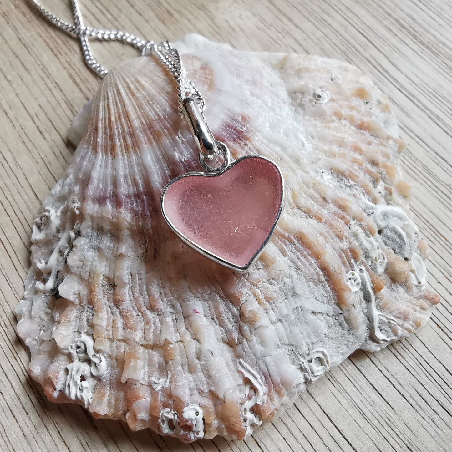 Scottish soft pink sea glass heart & sterling silver pendant.