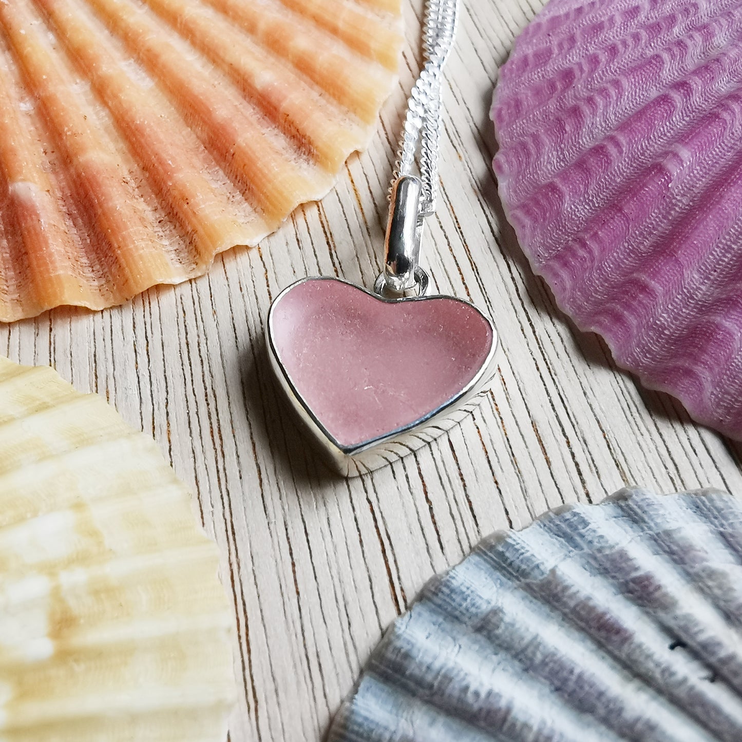 Scottish soft pink sea glass heart & sterling silver pendant.