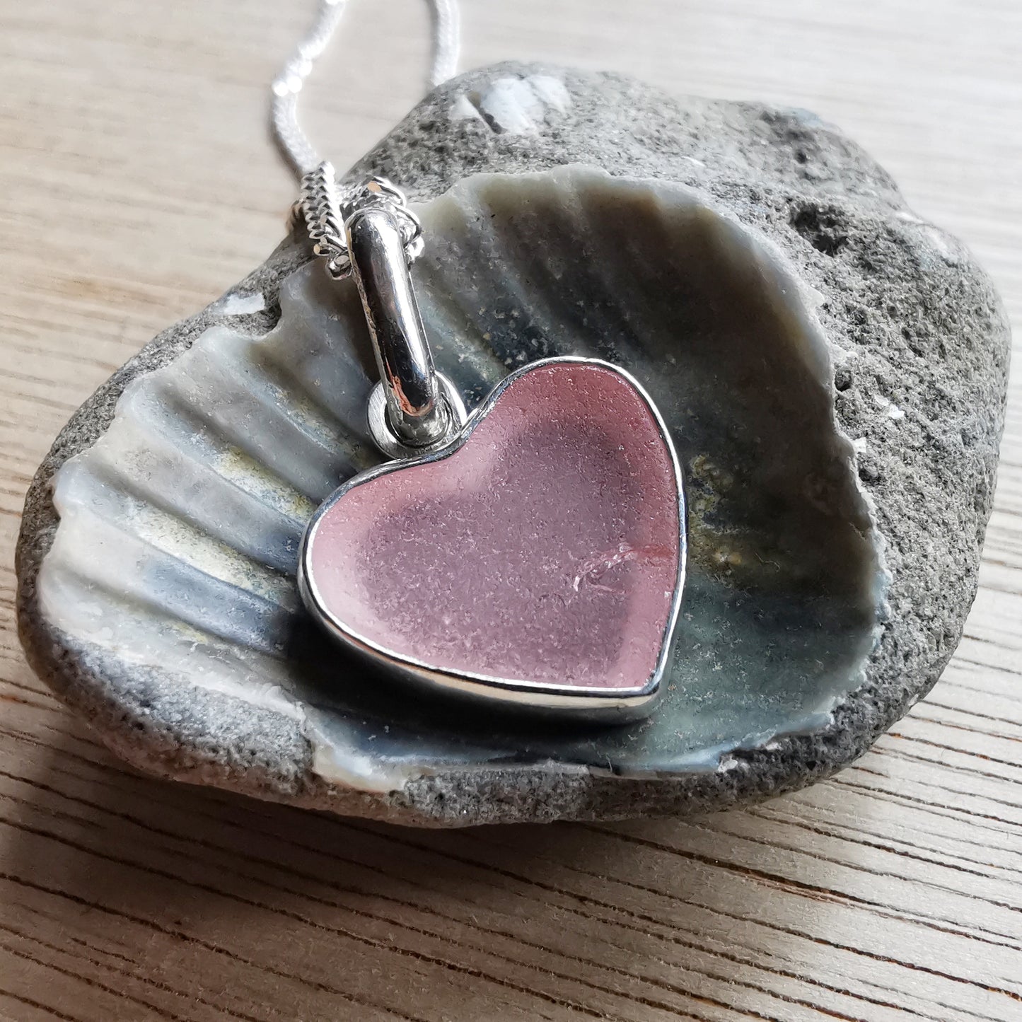 Scottish soft pink sea glass heart & sterling silver pendant.