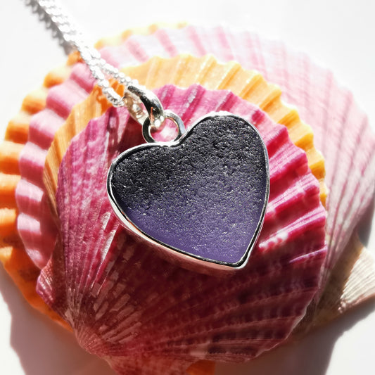 Reserved for Lesley. Scottish purple sea glass heart & sterling silver pendant.