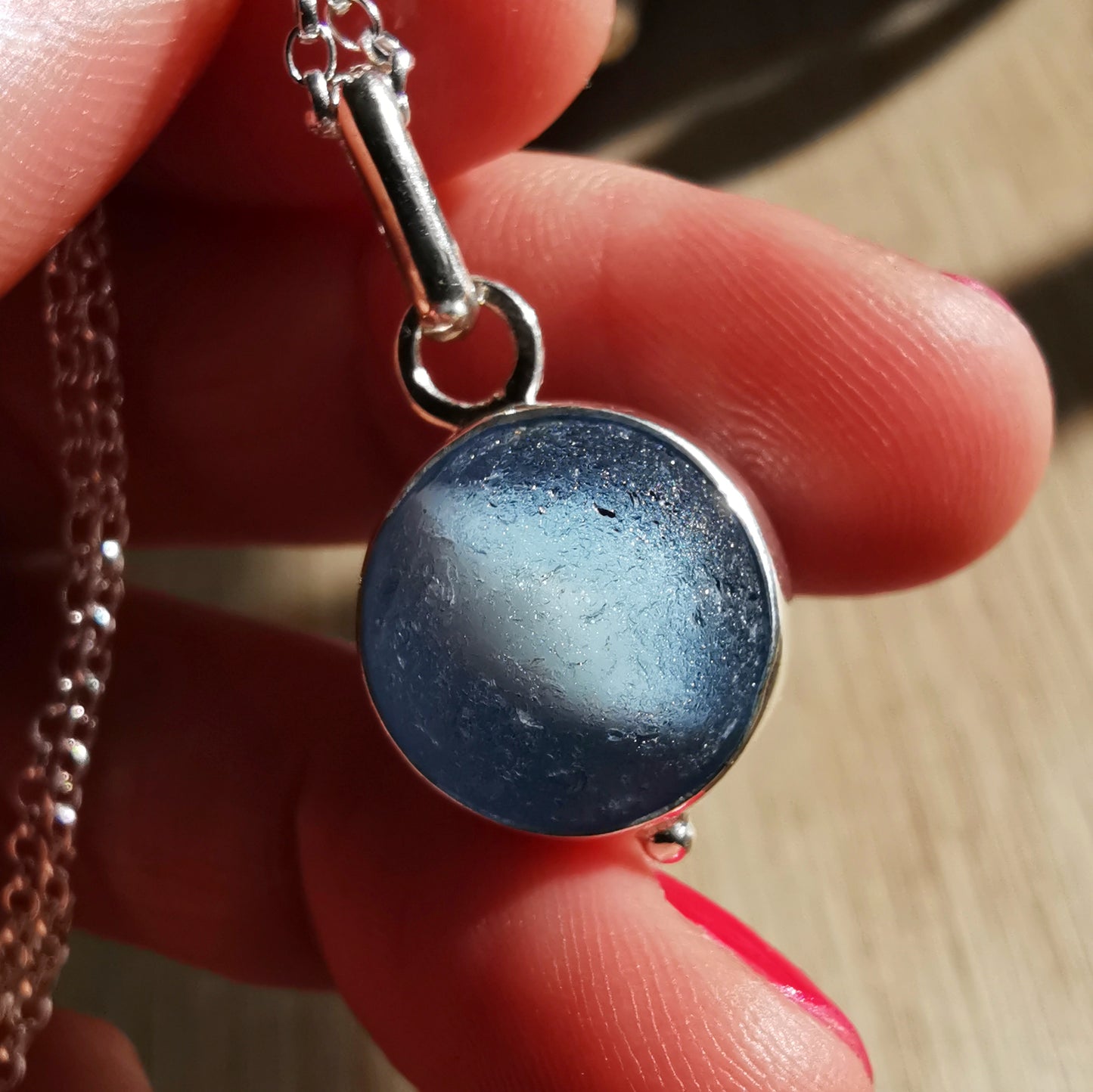 Scottish blue sea glass marble & sterling silver pendant.