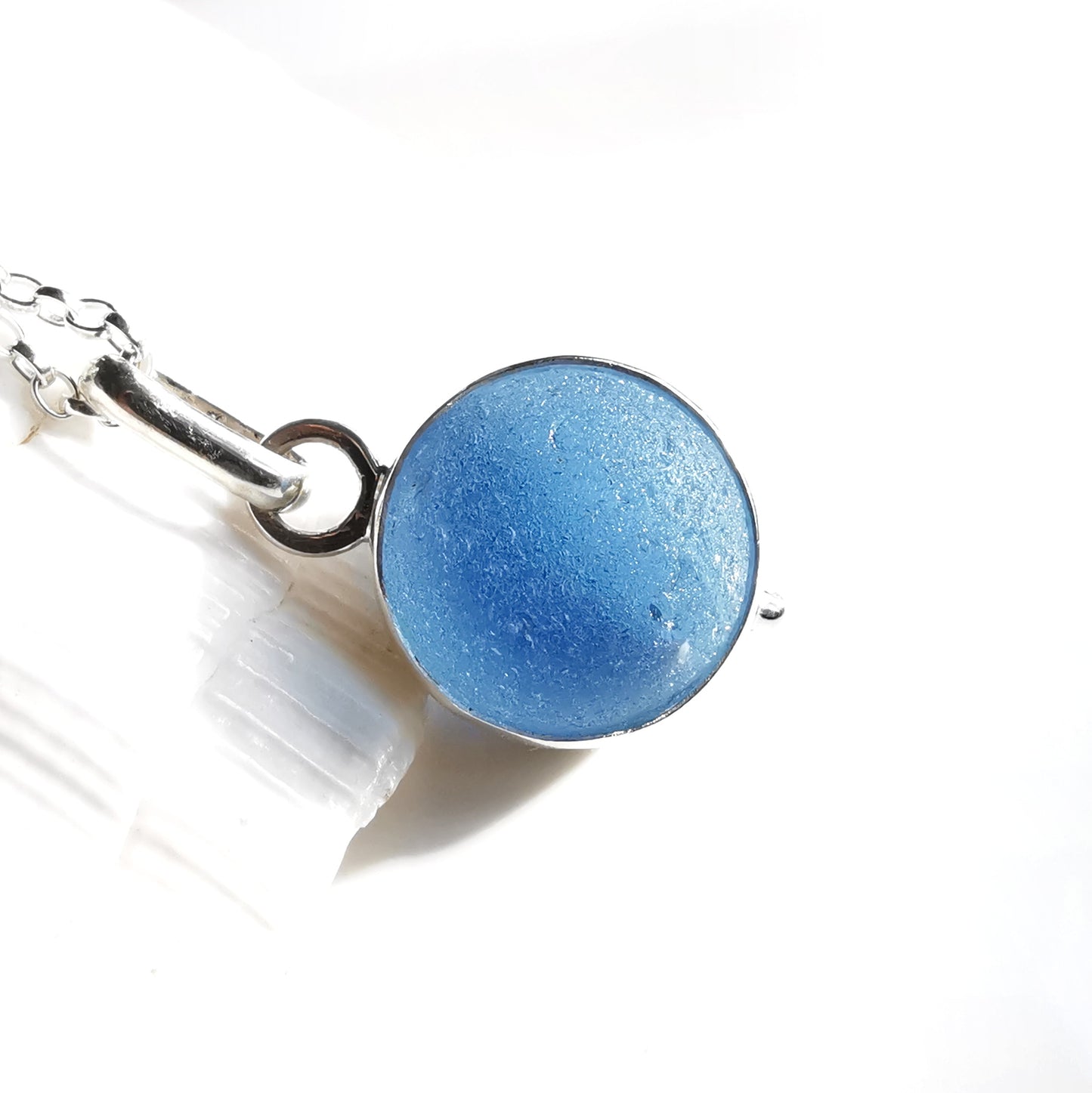 Scottish blue sea glass marble & sterling silver pendant.