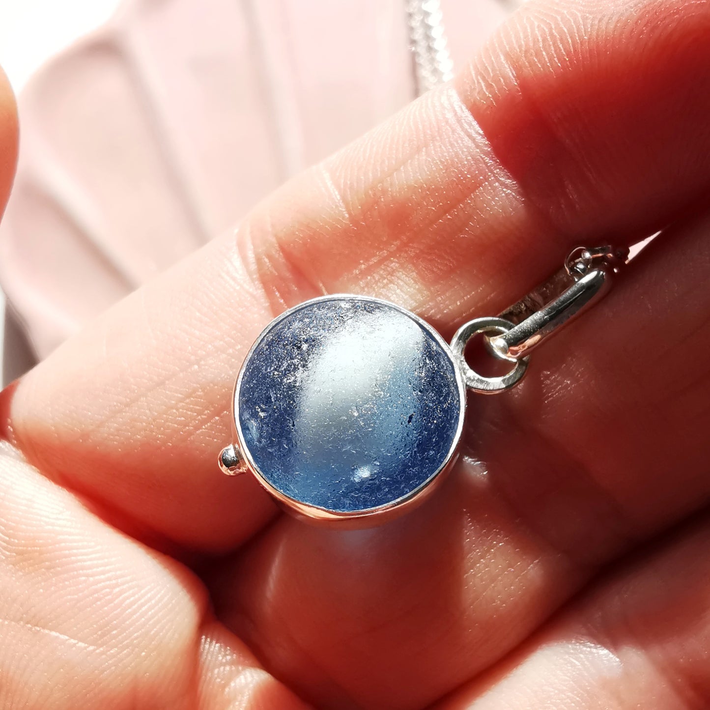 Scottish blue sea glass marble & sterling silver pendant.