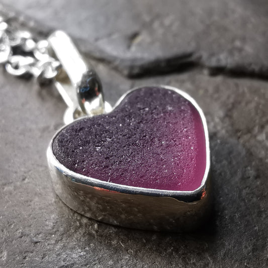 Reserved for Kris. Scottish purple sea glass heart & sterling silver pendant.